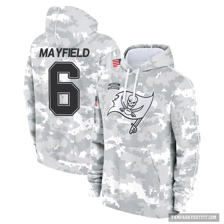 Youth ＃6 Baker Mayfield Tampa Bay Buccaneers Arctic Camo 2024 Salute to Service Club Fleece Pullover Hoodie