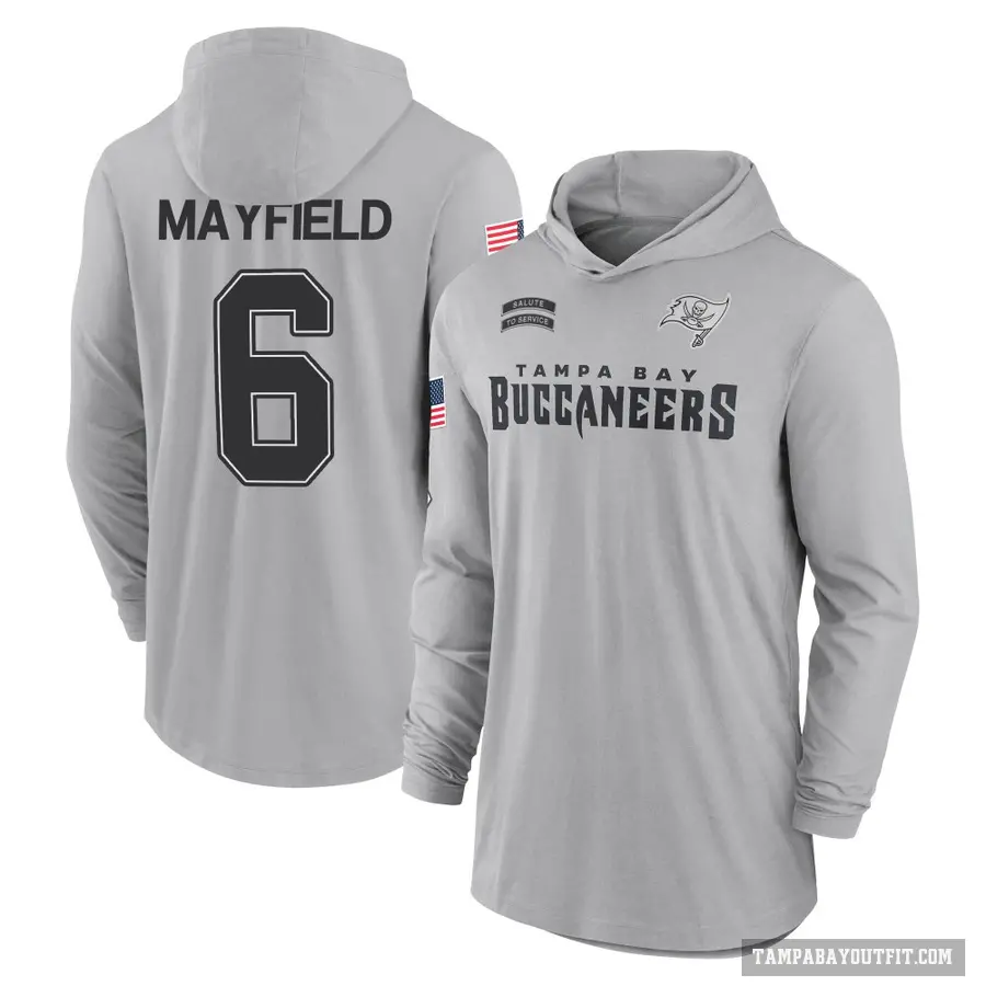 Youth ＃6 Baker Mayfield Tampa Bay Buccaneers Gray 2024 Salute to Service Lightweight Performance Long Sleeve Hooded T-Shirt