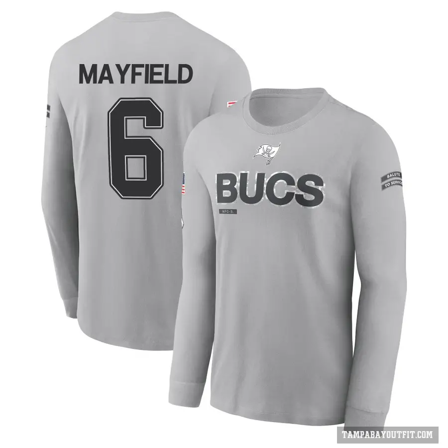 Youth ＃6 Baker Mayfield Tampa Bay Buccaneers Gray 2024 Salute to Service Long Sleeve T-Shirt