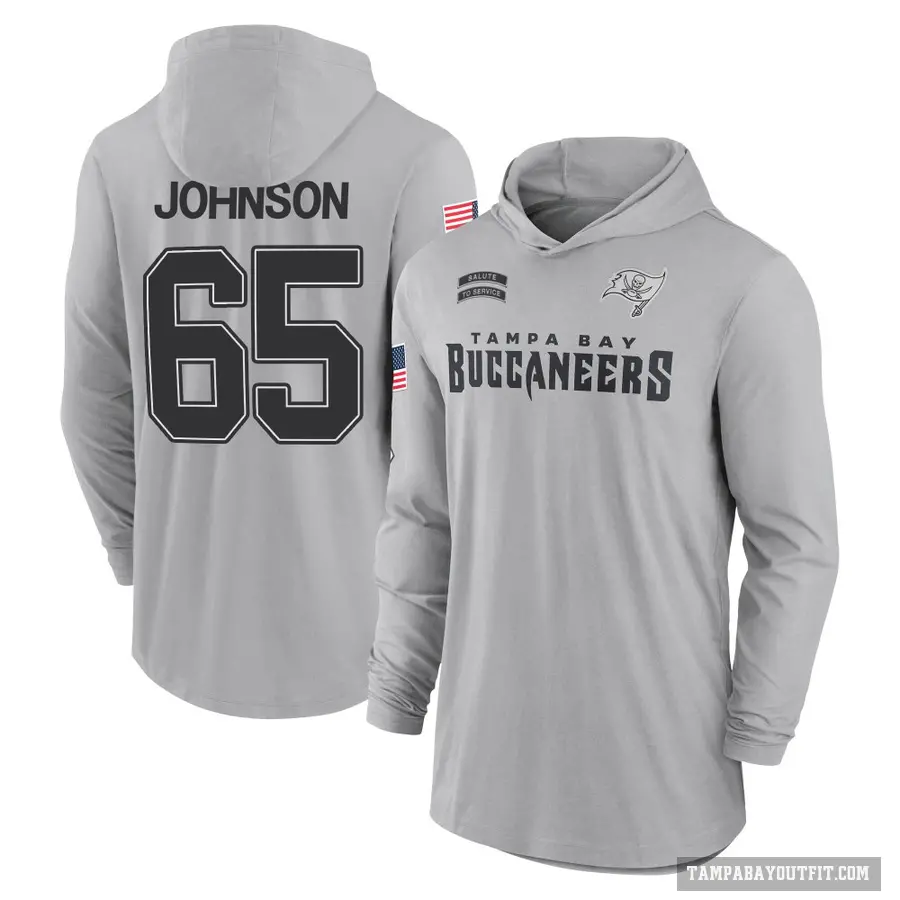 Youth ＃65 Ryan Johnson Tampa Bay Buccaneers Gray 2024 Salute to Service Lightweight Performance Long Sleeve Hooded T-Shirt