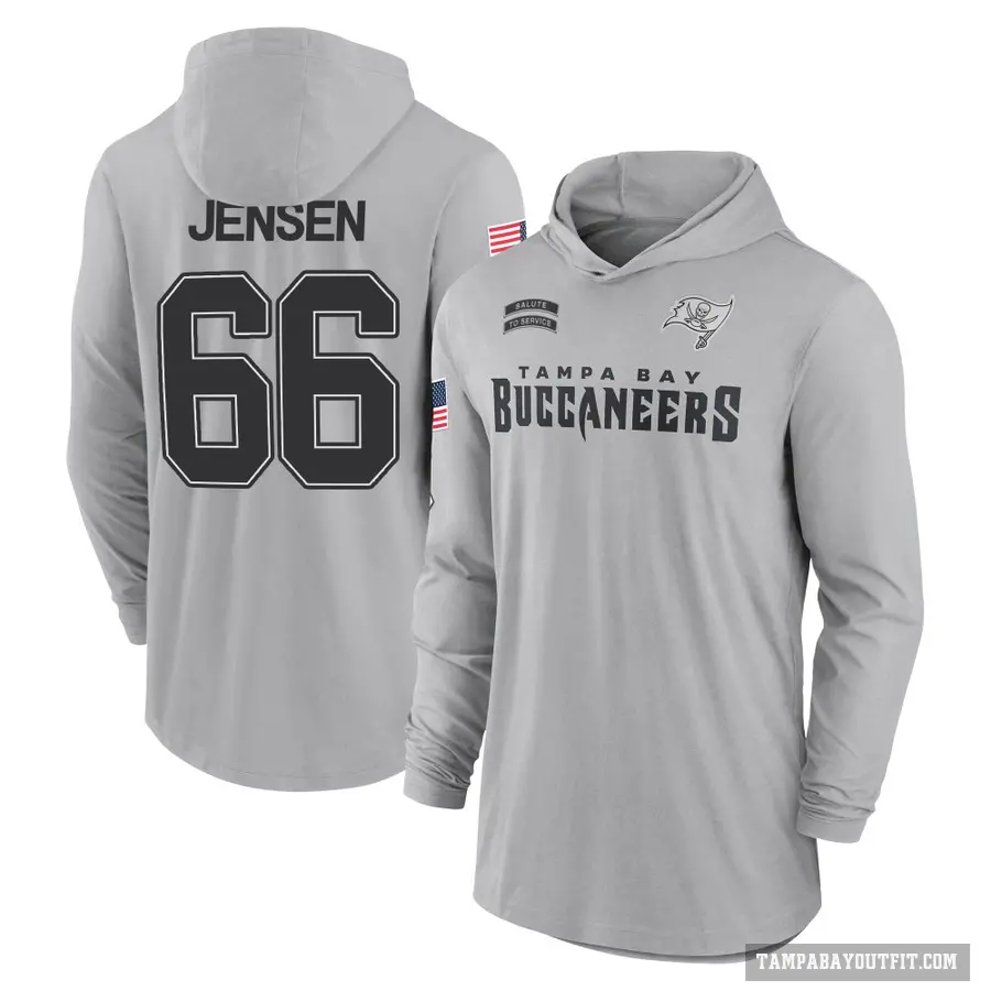 Youth ＃66 Ryan Jensen Tampa Bay Buccaneers Gray 2024 Salute to Service Lightweight Performance Long Sleeve Hooded T-Shirt