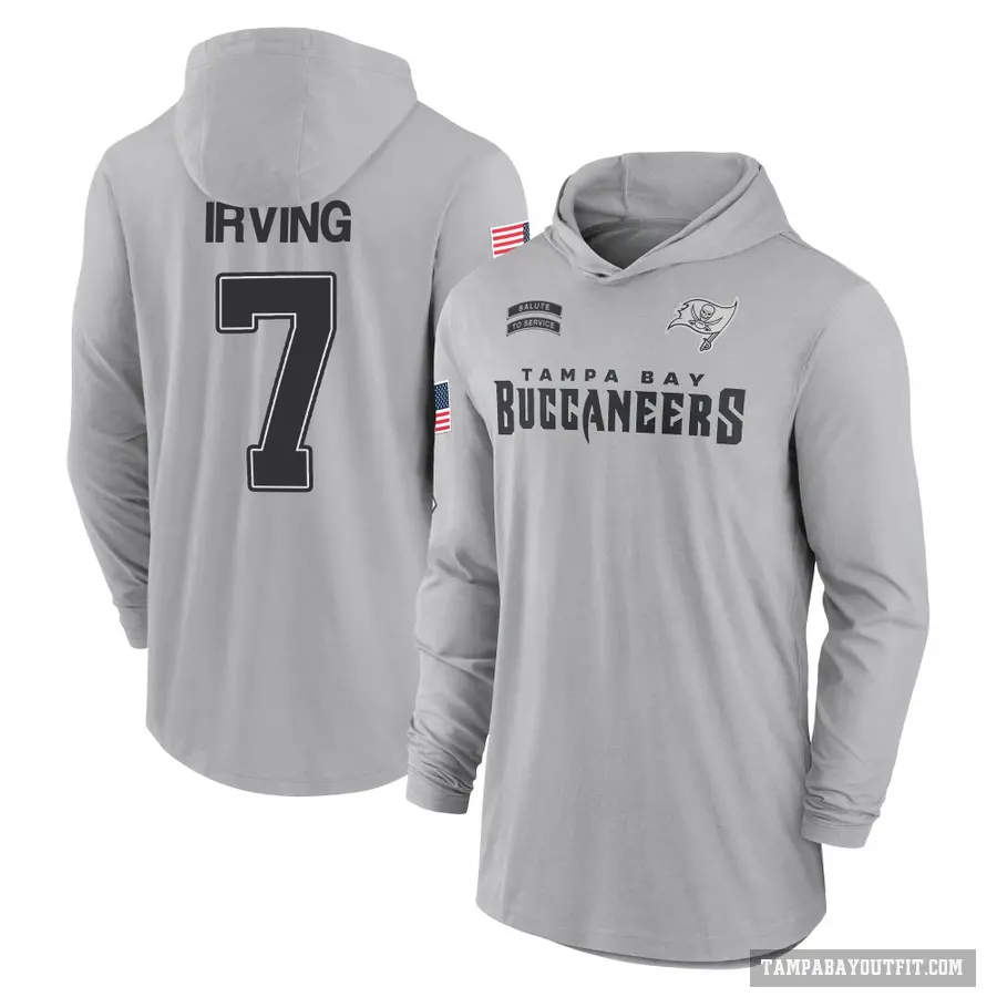 Youth ＃7 Bucky Irving Tampa Bay Buccaneers Gray 2024 Salute to Service Lightweight Performance Long Sleeve Hooded T-Shirt