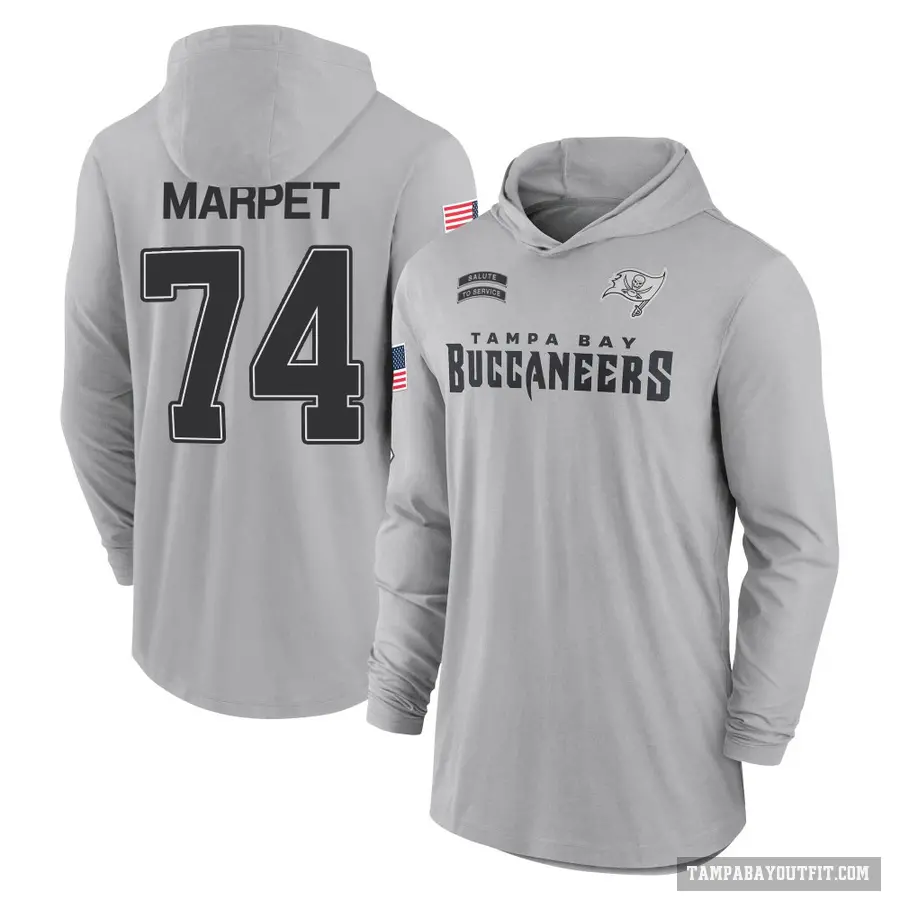 Youth ＃74 Ali Marpet Tampa Bay Buccaneers Gray 2024 Salute to Service Lightweight Performance Long Sleeve Hooded T-Shirt