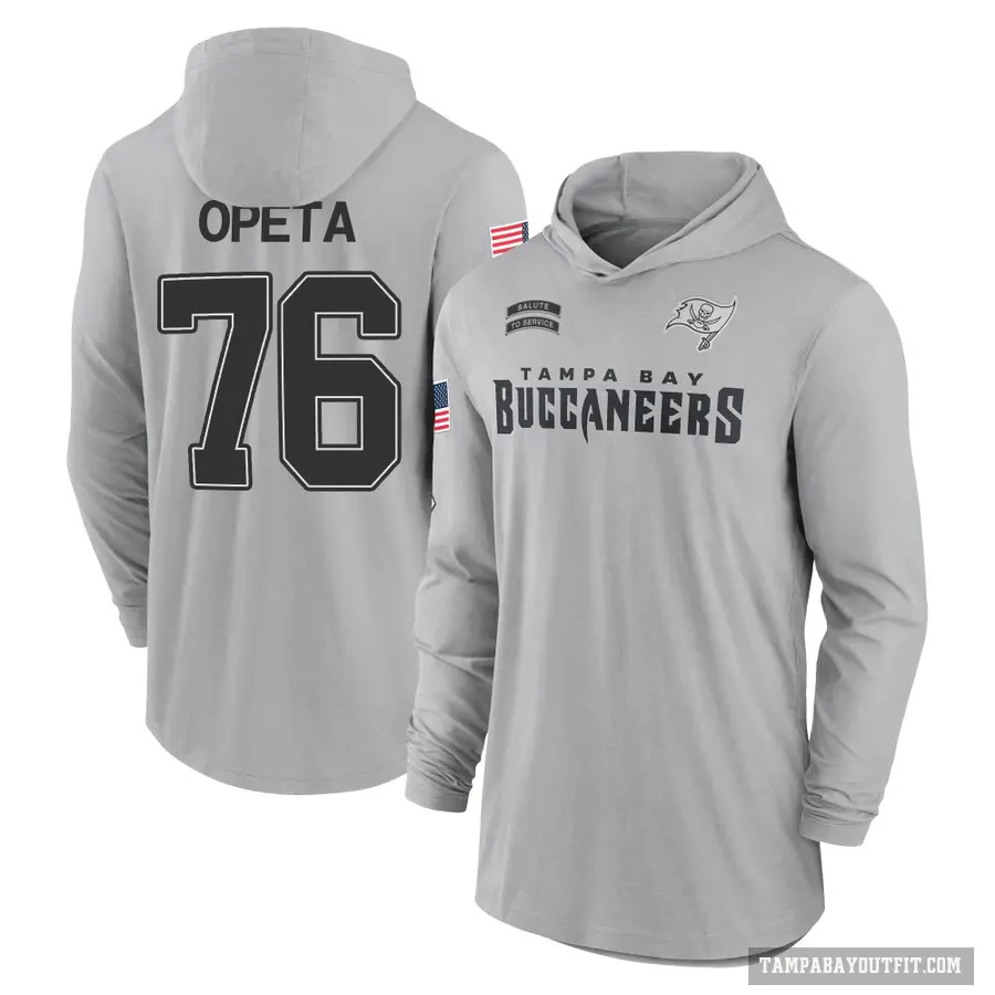 Youth ＃76 Sua Opeta Tampa Bay Buccaneers Gray 2024 Salute to Service Lightweight Performance Long Sleeve Hooded T-Shirt