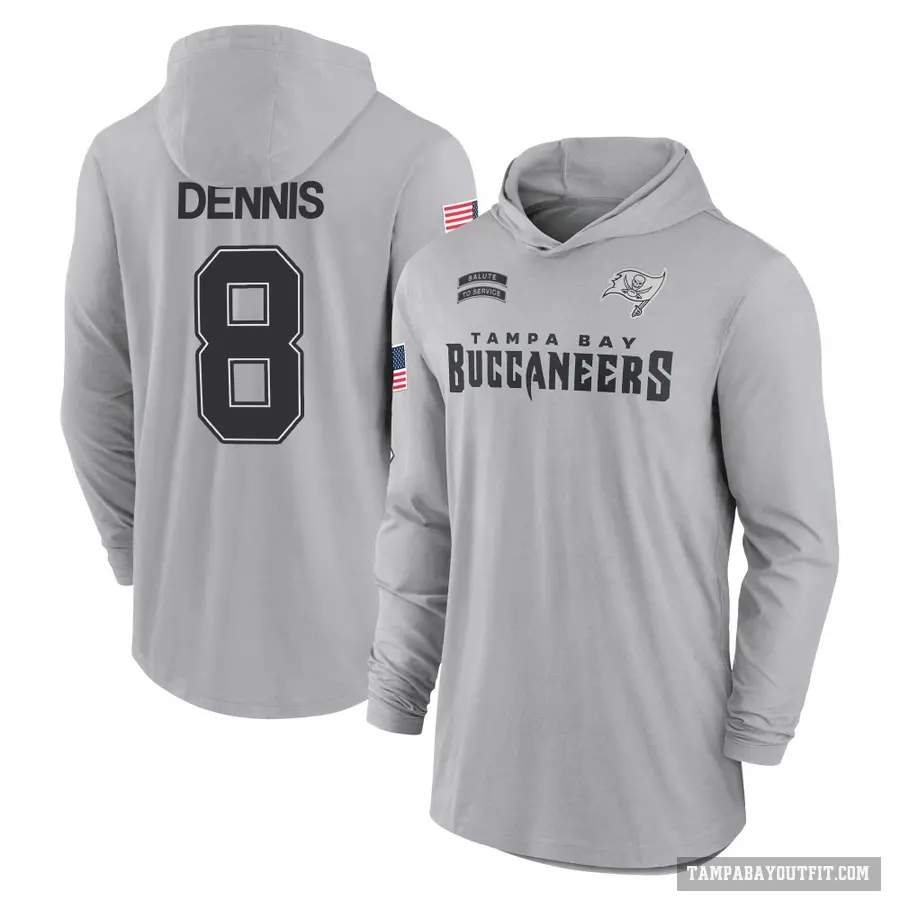 Youth ＃8 SirVocea Dennis Tampa Bay Buccaneers Gray 2024 Salute to Service Lightweight Performance Long Sleeve Hooded T-Shirt