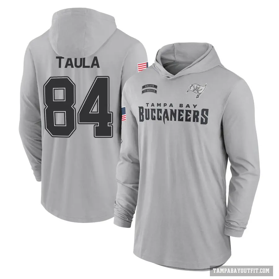 Youth ＃84 Tanner Taula Tampa Bay Buccaneers Gray 2024 Salute to Service Lightweight Performance Long Sleeve Hooded T-Shirt