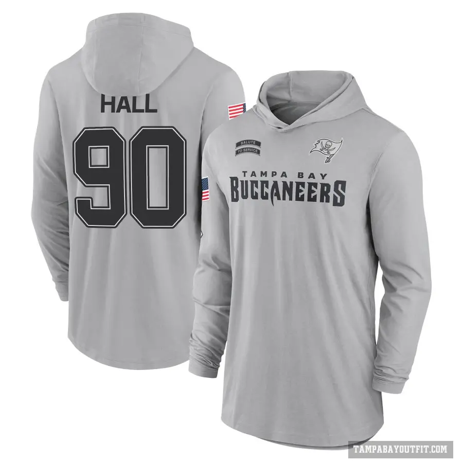 Youth ＃90 Logan Hall Tampa Bay Buccaneers Gray 2024 Salute to Service Lightweight Performance Long Sleeve Hooded T-Shirt