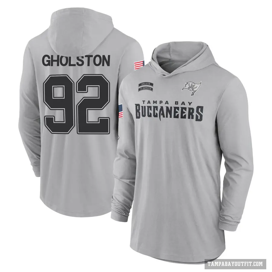 Youth ＃92 William Gholston Tampa Bay Buccaneers Gray 2024 Salute to Service Lightweight Performance Long Sleeve Hooded T-Shirt