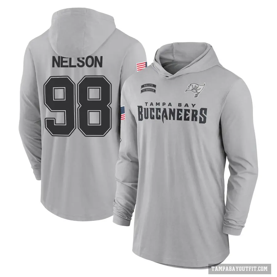 Youth ＃98 Anthony Nelson Tampa Bay Buccaneers Gray 2024 Salute to Service Lightweight Performance Long Sleeve Hooded T-Shirt